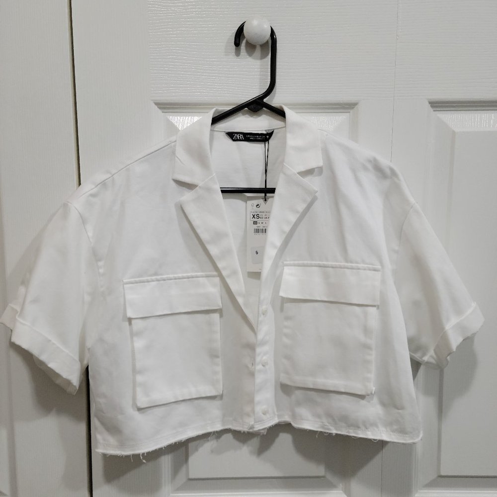 Zara Cropped White Short Sleeve Button Down Size XS - NWT